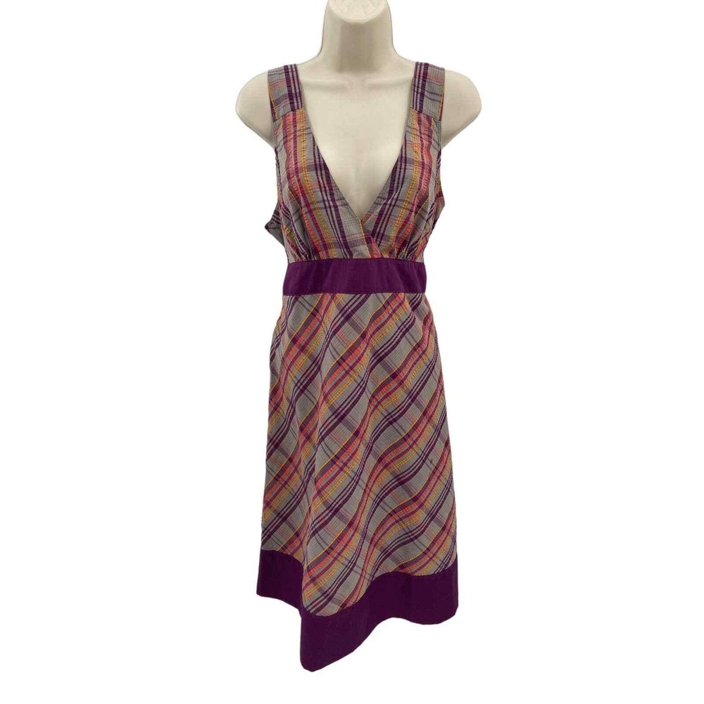 Patagonia Sun Dress Womens 14 Purple Plaid Polyester Organic Cotton Tie back - Picture 2 of 8